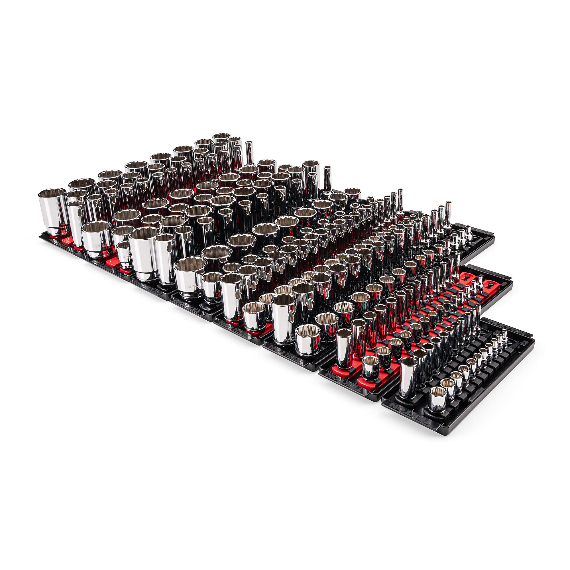 TEKTON 1/4, 3/8, 1/2 Inch Drive Shallow and Deep 12-Point Socket Set with Rails and Trays (214-Piece) | SHD99203